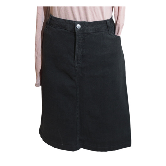 NYDJ Black Denim Skirt Size 16W 5-Pocket Fly Button Belt Loops Back Slit USA EUC - Picture 1 of 16